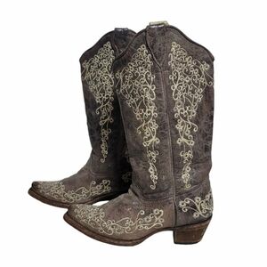 Corral A1094 Women's 6M Tan Leather Cream Embroidered Snip Toe Western Boots